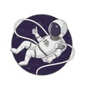 Astronaut floating on a tether in space. Thumbs up gesture. Cartoon illustration. Sign, poster, badge, sticker design.