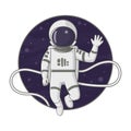 Astronaut floating on a tether in space waving. Cartoon illustration. Sign, poster, badge, sticker design.