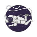 Astronaut floating on a tether in space. Vector. Cartoon illustration. Sign, poster, badge, sticker design