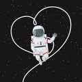 Astronaut floating and waving a hand with his tether outlining the shape of a heart