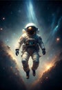 An astronaut floating weightlessly in the vastness of space, surrounded by a backdrop of glittering stars and distant galaxies