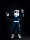 The astronaut is floating in weightlessness. The hero