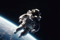 astronaut, floating in the zero gravity of space, with view of distant planets and stars