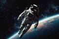 astronaut, floating in the zero gravity of space, with view of distant planets and stars