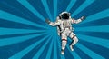 An astronaut floats against a dynamic radial background of blue rays. The