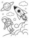 An astronaut floats near a rocket and planet in a whimsical, line drawing Royalty Free Stock Photo