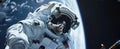 Astronaut floats in outer space outside station or spaceship, man in spacesuit on Earth and dark sky background. Concept of