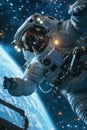 Astronaut floats in outer space outside station or spaceship, man in spacesuit on Earth and stars background. Concept of