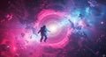 An astronaut floats in space near a glowing, swirling vortex, surrounded by colorful