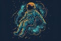 An astronaut floats weightlessly in the vast expanse of space, with stars filling the background, Show an astronaut in a retro