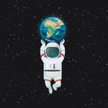 Astronaut flying with arms raised supporting planet Earth with dark space and stars in the background