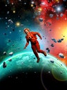 Astronaut flying near a Alien Planet with atmosphere, in the background dark Sky with asteroids, stars and nebula, 3d illustration