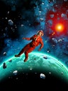 Astronaut flying near a Alien Planet with atmosphere, in the background dark Sky with asteroids, stars and nebula, 3d illustration