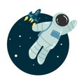 Astronaut flying in outer space with rocket behind vector illustration Royalty Free Stock Photo