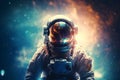 An astronaut in focus, with a softly blurred background of atom-inspired constellations and galaxies. Great for promoting space