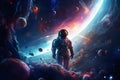 An astronaut in focus, with a softly blurred background of atom-inspired constellations and galaxies. Great for promoting space