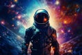 An astronaut in focus, with a softly blurred background of atom-inspired constellations and galaxies. Great for promoting space