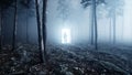 Astronaut in fog night forest. Light portal door. landing place. 4K animation. 3d rendering. Royalty Free Stock Photo