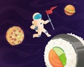 Astronaut on food planet. Fantasy space world with candy fast food burger pizza and various sweets stars fantastic sky Royalty Free Stock Photo