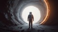Astronaut on foreign planet in front of bright portal
