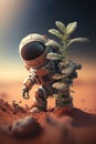 Astronaut found a plant on Mars, futuristic fantasy image