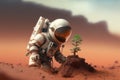 Astronaut found a plant on Mars, futuristic fantasy image