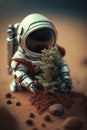 Astronaut found a plant on Mars, futuristic fantasy image