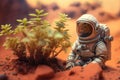 Astronaut found a plant on Mars, futuristic fantasy image