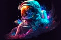 Astronaut in galaxy, helmet reflecting, bright stars and galaxies projected