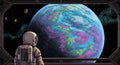Astronaut Gazing at Colorful Planet From Spaceship Window in Pixel Art