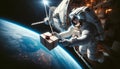 Astronaut with Gift Box in Space, Earth in Background