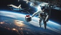 Astronaut with Gift Box Tethered Outside Space Shuttle