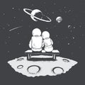 Astronaut girl and boy sits on bench