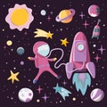 Astronaut girl near the rocket in space. Spaceship, stars and planets background.