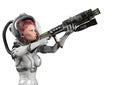 Astronaut girl vintage pointing a laser gun on white background