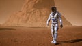 Astronaut goes on the surface of Mars through a dust storm past the giant solar panels. Panoramic landscape on the