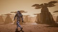 Astronaut goes on the surface of Mars through a dust storm past the giant solar panels. Panoramic landscape on the