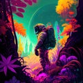 Astronaut goes to an unknown planet, where the primeval forest is filled with bright and colorful flora. Generative AI