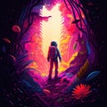 Astronaut goes to an unknown planet, where the primeval forest is filled with bright and colorful flora. Generative AI