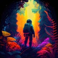 Astronaut goes to an unknown planet, where the primeval forest is filled with bright and colorful flora. Generative AI