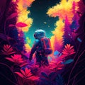 Astronaut goes to an unknown planet, where the primeval forest is filled with bright and colorful flora. Generative AI
