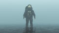 Astronaut with Gold Visor Standing in Black Liquid in a Foggy Overcast Alien Environment