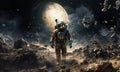 Astronaut gracefully traverses the lunar surface, surrounded by a surreal landscape of moon dust and the remnants of Royalty Free Stock Photo