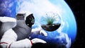 Astronaut and grass in glass sphere in outer space. Ecology concept. 3d rendering. Royalty Free Stock Photo