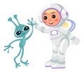 Astronaut greeting alien. First contact. Cartoon characters