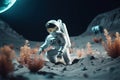 An Astronaut growing golden plants on the other planet. A Beautiful alien planet sand surface at night time with stars. An Royalty Free Stock Photo