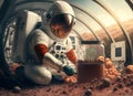 Astronaut filtering water on alien planet. Generative AI