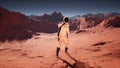 The astronaut is happy to be on Mars and shows a thumb up. Astronaut Martian colonizes and explores Mars. The image is