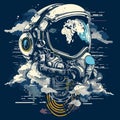 Astronaut helmet and planet earth on dark blue background. Vector illustration. Royalty Free Stock Photo