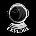 Astronaut helmet, text explore, vector illustration on a dark background, black and white image